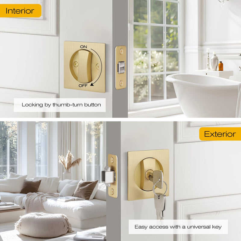 EHOMEWARE 1 Pack Brushed Gold Pocket Door Lock, Keyed Alike Pocket Door Hardware, Modern Recessed Pocket Door Handles, Heavy Duty Sliding Door Lock, Left/Right Reversible Entry Door Lock-1 Pack Satin Brass