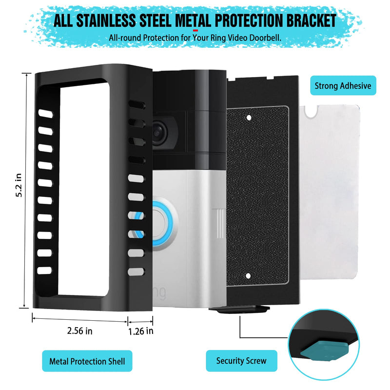 No-Drill Doorbell Mount for Ring Battery Video Doorbell 2/3/4/(2020 Release)/(2024 Release)/Plus/Pro, Adhesive Steel Metal Doorbell Mounting Bracket Accessories for Apartment, Home, Business Fixed