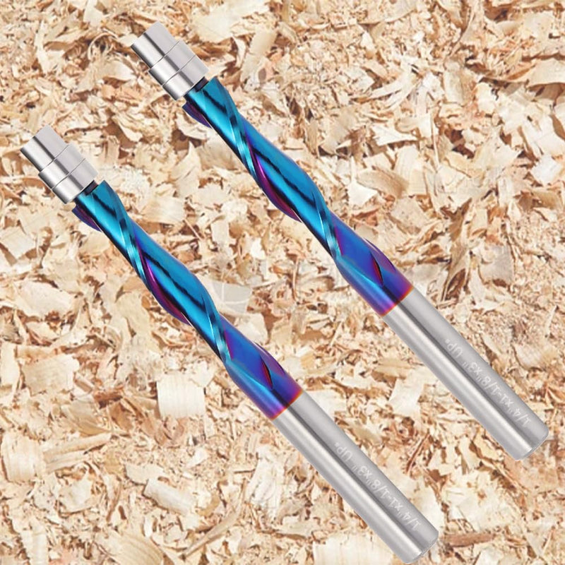 Spiral Flush Trim Router Bit, 1/4 Inch Shank Up Cut Spiral Router Bits , 1-1/8 Inch Cutting Length Solid Carbide CNC Trim Bits with Nano Coating for Woodwork Trimming (2PCS) 2 UpCut