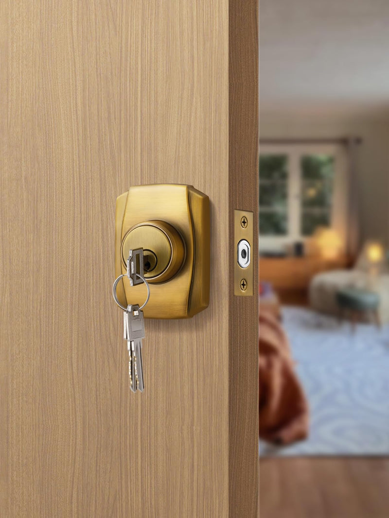 1 Pack Antique Brass Keyed Single Bronze Cylinder Deadbolt Lock Keys Handleset Front Entry Interior Exterior Door Deadbolts Deadbolt-Key