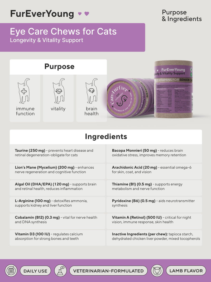 Supplement Treats for Senior Cats ~ Vision & Brain Longevity | Premium Feline Supplement | Functional Mushroom Complex + Taurine | Vet-Formulated with DHA, Arachidonic Acid & L-Arginine