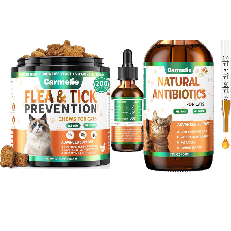 Natural Antibiotics+Flea and Tick Treats for Cats Bundle-200 Each-Cat Antibiotics with ProbioticsCat Antibiotics for Allergy Relief, Urinary Tract Support, Itch Relief, and Immune Support