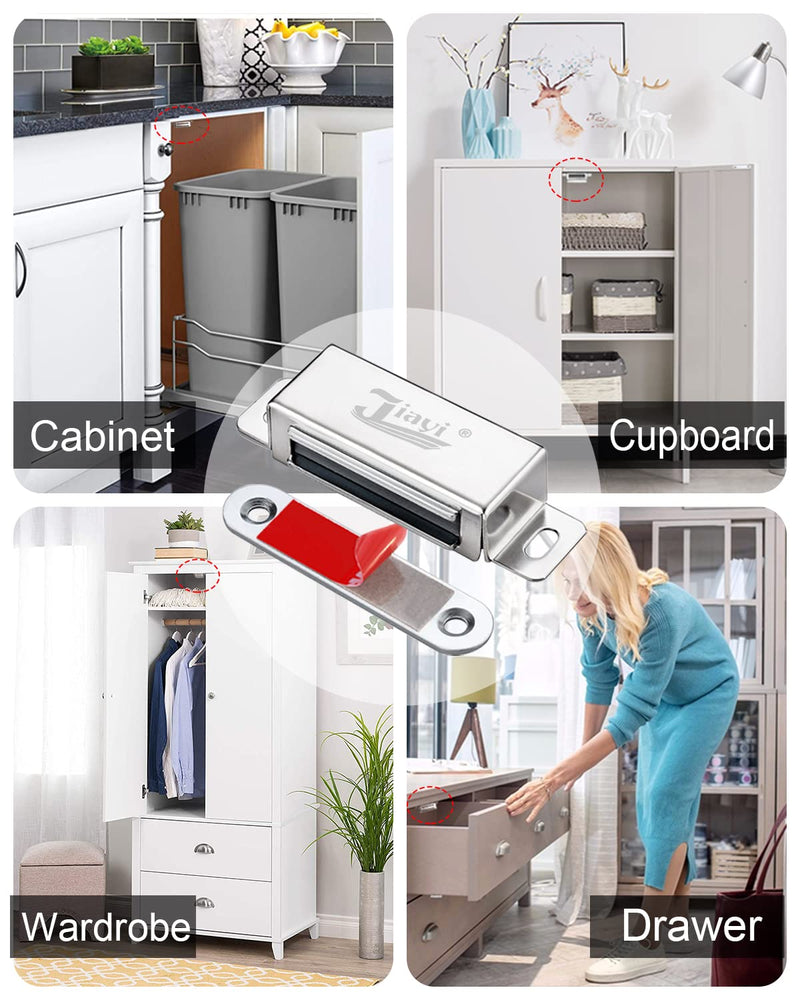 Cabinet Magnets Heavy Duty Jiayi 4 Pack Magnetic Door Catch 66 lbs Magnet Door Latch Kitchen Cabinet Magnets for Closure Cupboard Door Magnetic Catches for Kitchen Wardrobe Door Closer Closet Closure 66lb- 4Pack Silver