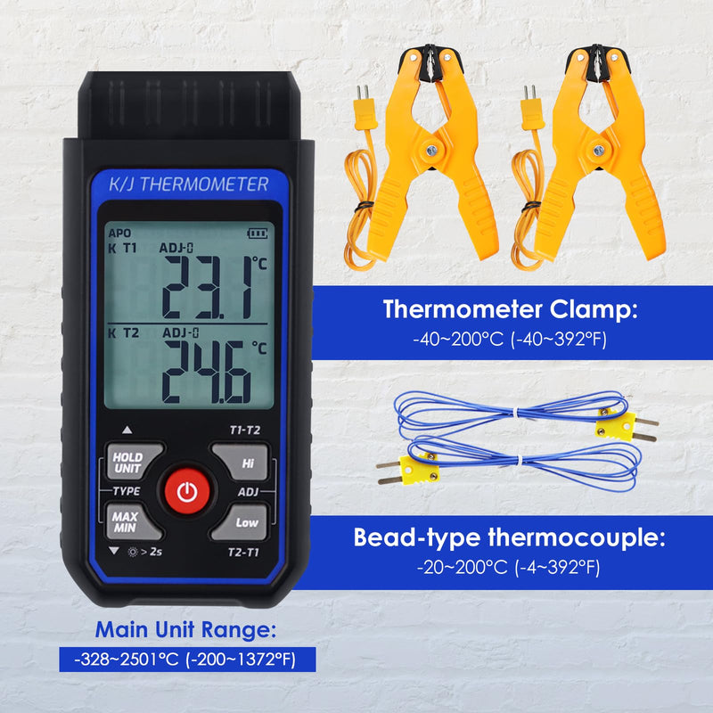 Dual-Channel Digital K J Type Thermocouple Thermometer Pipe Clamp Thermometer, -328°F~2501°F Measuring Range HVAC Temperature Meter with 2 Type K Pipe Clamps & 2 Thermocouples, Alarm, ADJ Compensation