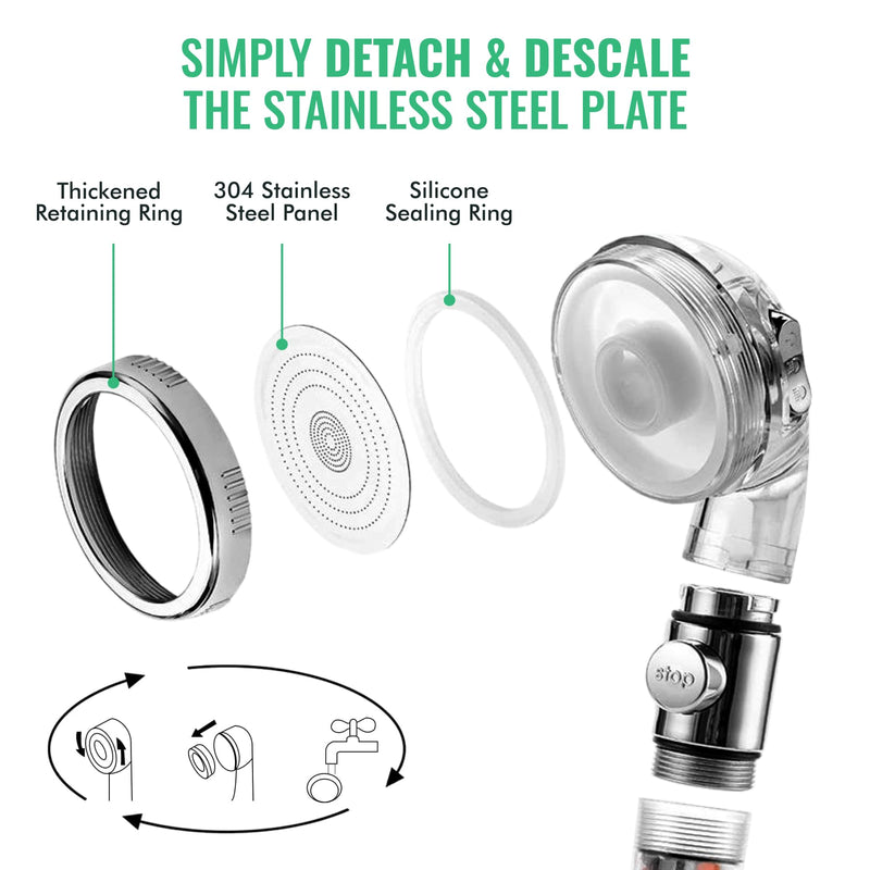 Original StoneStream Filtered Shower Head, Eco Power High Pressure Water Softener Showerhead with ON/OFF switch and Spa like Ionic beads for Dry Skin & Hair — 3 Spray Settings 3-Setting Shower Head
