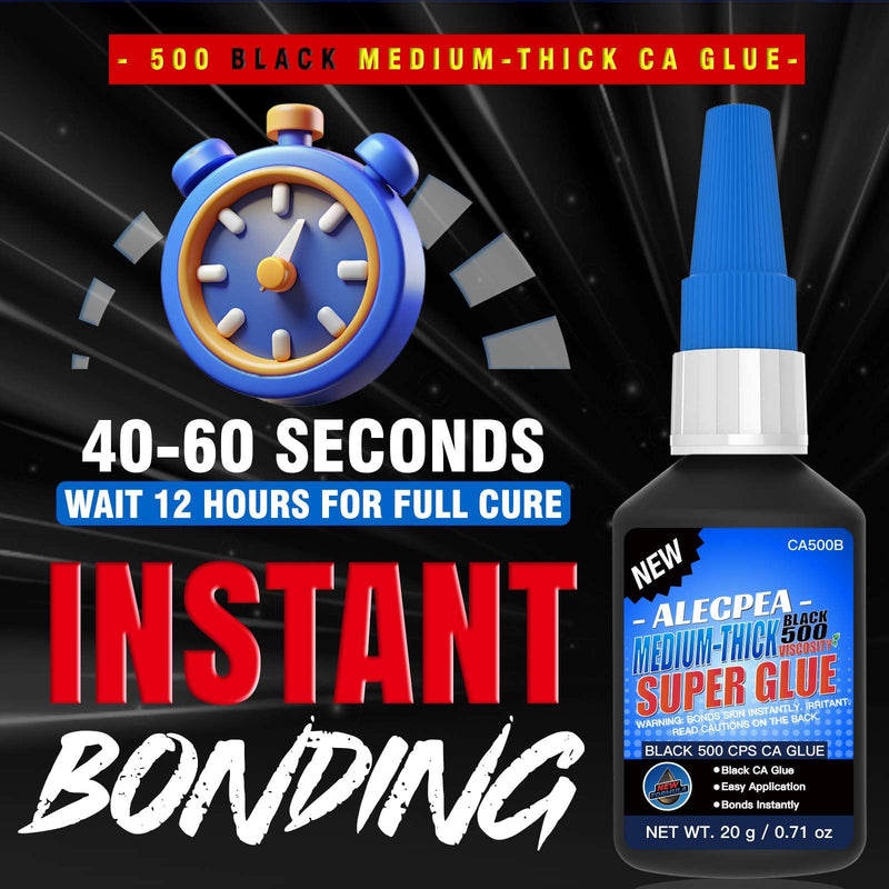 20g Black Medium-Thick CA Glue (500 CPS),Premium Cyanoacrylate Super Glue for Wood, Glass, Metal, Paper, Leather, Plastic, Ceramic, Rubber, Jewelry, Woodworking, Hobby Models, and Craft Project 20g/1Pack Black/500CPS