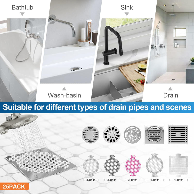 INVIHUG, 25 Pack, Disposable Shower Drain Hair Catcher Mesh Stickers, Disposable Hair Drain Catcher. (White) White 3.5inch-25
