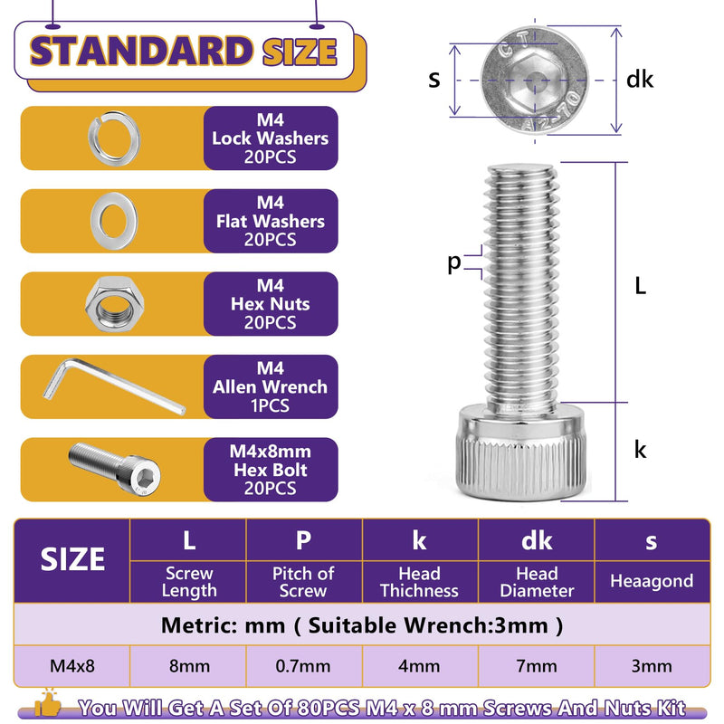 80PCS M4 Metric Screws Bolts and Nuts Assortment Kit, M4 x 8mm Metric Kits, 304 Stainless Steel Hex Socket Head Cap Screws with Lock & Flat Washers with 1 Allen Wrench for 3D Printing Projects M4x8mm（80PCS)