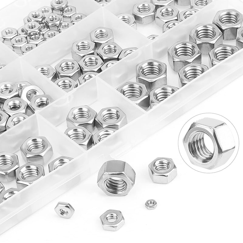 210 Pieces 9 Sizes 304 Stainless Steel #2-56 to 3/8"-16 Hex Nuts Assortment Kit (#2-56#4-40#6-32#8-32#10-24#12-24 1/4"-20 5/16"-18 3/8"-16) 210 Pieces Hex Nuts Kit