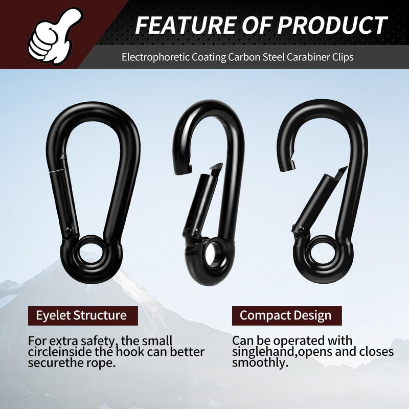Spring Snap Hooks, Black Carabiner Clip, Heavy Duty Rope Connector, Quick Link Carabiners Spring Snap Hooks for Indoor & Outdoor, Camping, Climbing, Fishing, Hiking 3.15 Inch, 8 Pack
