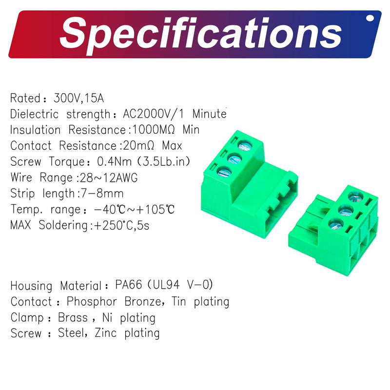 Tcenofoxy 5.08mm Male & Female 2/3/4/5/6/7/8/9/10/11/12/13/14/15/16/18/20/24 Pin Phoenix Connector No Soldering Green PCB Screw Terminal Block Connector (4Sets 5.08MF-3Pin) 5.08MM-3P-4Sets