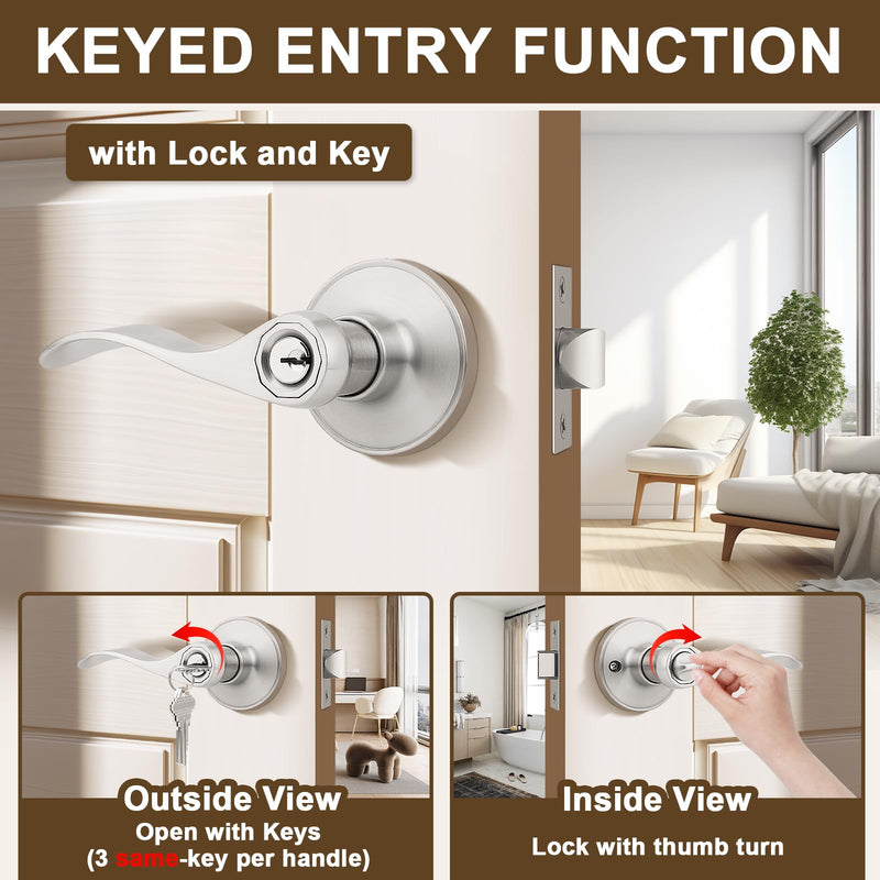 KNOBWELL 2 Pack Front Door Handles with Lock and Key Wave Style Keyed Entry handleset Entrance Door Knob Lockset(Different Keys) Brushed Nickel