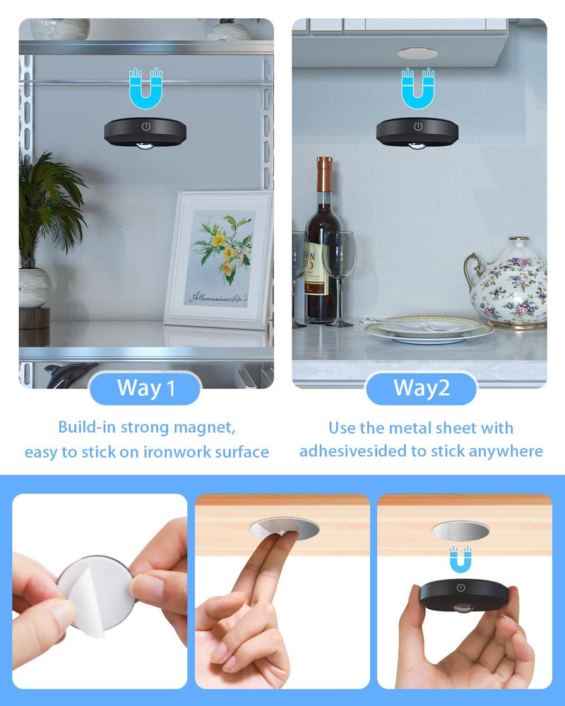 WILLED Puck Lights with Remote Control, Rechargeable Under Cabinet Lights, 1200mAh Battery Operated Tap Lights, Dimmable Push Lights, Wireless Closet Lights, LED USB Stick On Lights (6 Pack) Warm White - Cool White