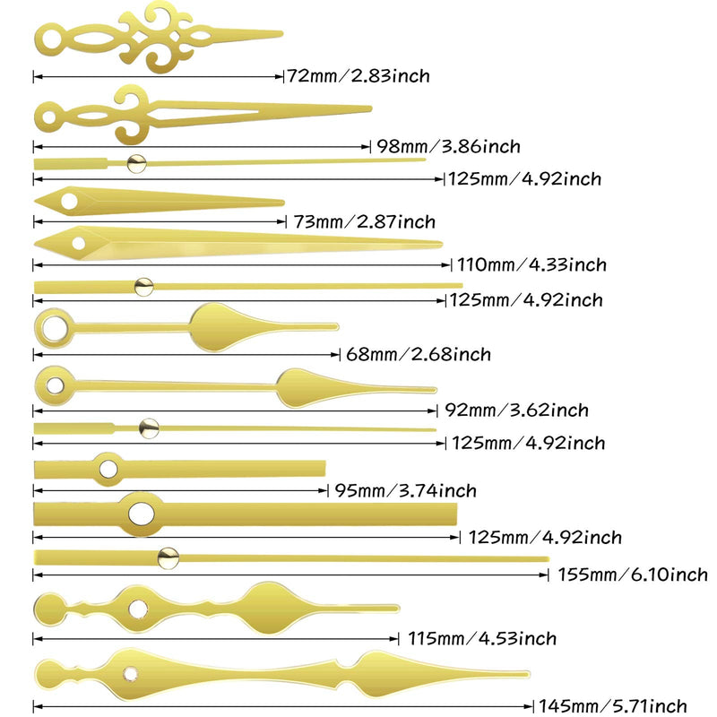 2 Pieces High Torque Long Shaft Clock Movement Mechanism with 5 Different Pairs of Hands Clock Repair Parts Replacement Gold