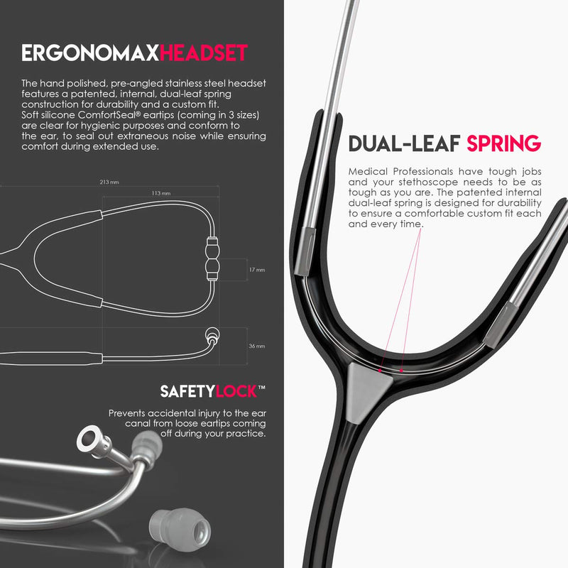 MDF Instruments, MD One Stainless Steel Stethoscope, Adult, Black Tube, Silver Chestpieces-Headset, MDF77711