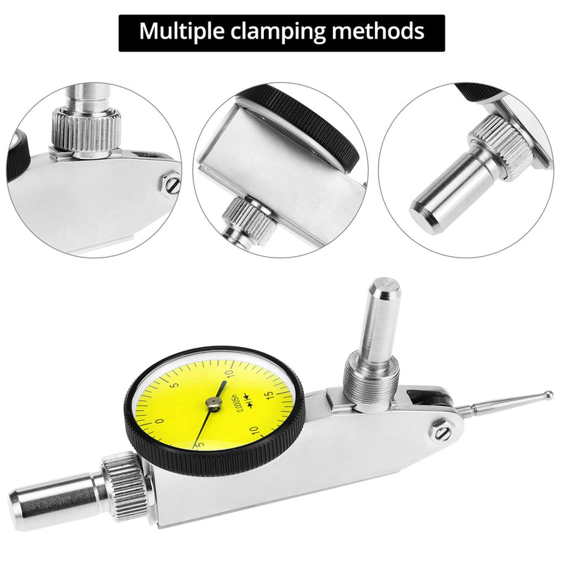 QWORK Dial Test Indicator, Narrow Area Measurement 3/8'' and 5/32'' Steel Dovetail Clamps, 0.030" Test Indicator 0. 0005" GR Dial Reading 0-15-0