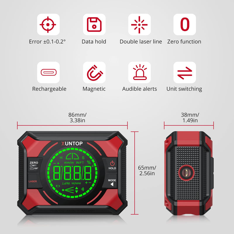 4x90/2x180°(0.01°) Digital Angle Finder with Dual Laser Digital Angle Gauge with Bottom and Back Magnetic Rechargeable Inclinometer with Digital Level Bubble (Class 2 Laser, <1mW Power Output)