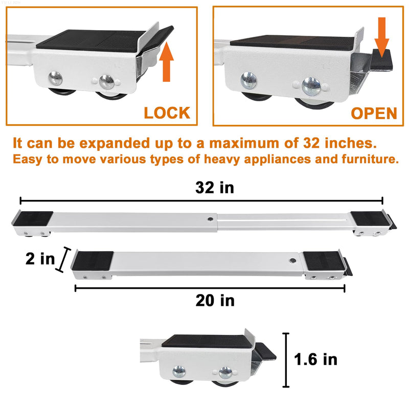 Appliance Rollers Heavy Duty,Max 32in,Second Generation Extendable Appliance Rollers Mobile Washing Machine Base Easily Move Washing Machines, Dryers, Refrigerators, Furniture (White) White