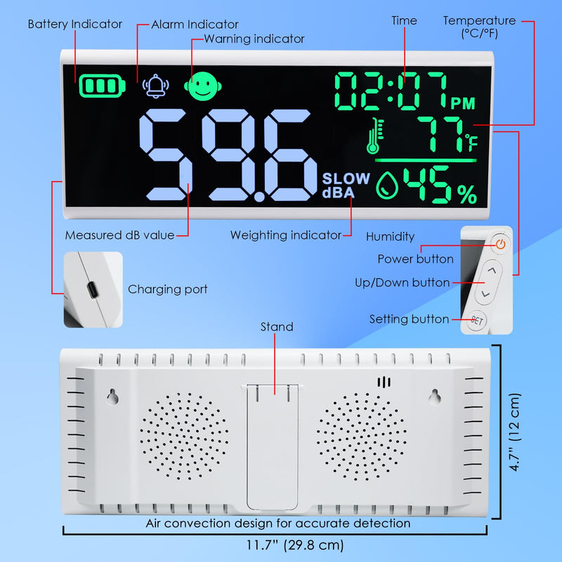 Decibel Meter 13 inches Sound Decibel Meter, Wall Hanging and Desktop Sound Level Meter Large LED Noise Meter Displays Decibel Time Temperature Humidity with Buzzer & Icons Alarm for Classroom Studio