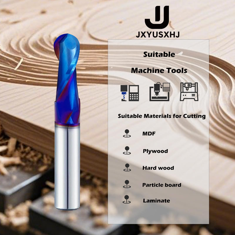 CNC Router Bits 1/2 inch Shank Carbide Ball Nose End Mill with Nano Blue Coating for Side Milling End Milling, Finish Machining (1, 1/2" S*1/2" D*1-1/4"CL*3" OVL) 1/2"S*1/2"D*1-1/4"CL*3"OVL