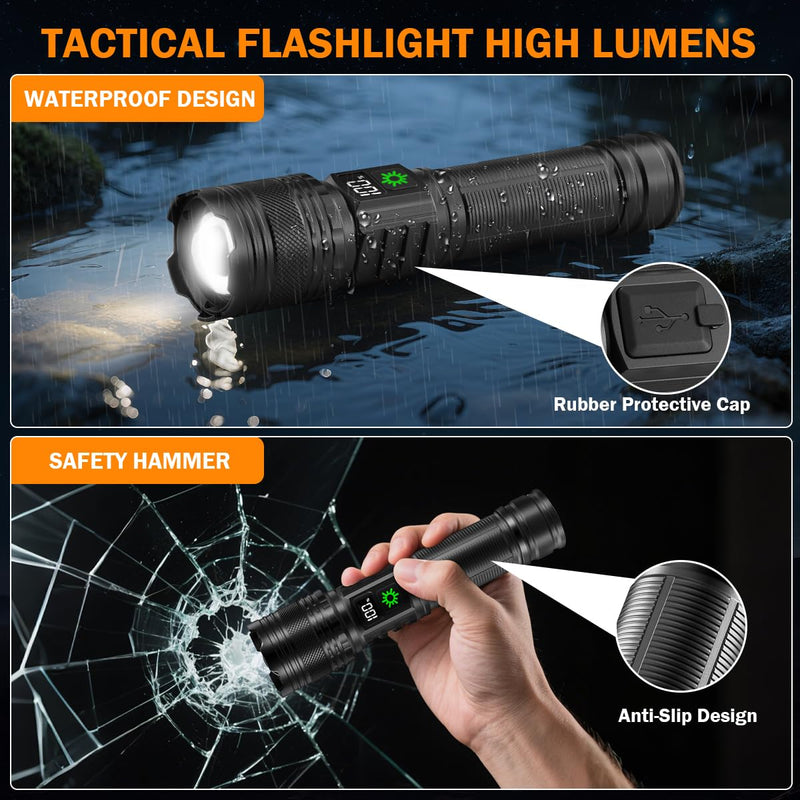 3Pack Rechargeable Flashlights High Lumens 9900FL, LED Flashlight Rechargeable with LCD Digital Display, 5Modes Adjustable Flash Light, Super Bright Flashlight Powerful, Tactical Flashlights for Home 3Pack