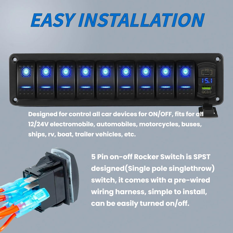 9 Gang 12V Boat Rocker Switch Panel with PD Type C and USB Charger DC 12-24V LED Voltmeter, Boat Toggle Dash 5 Pin SPST ON/Off Pre-Wired Rocker Switch for Car Car RV ATV UTV Truck Yacht Ship 9 Gang+PD