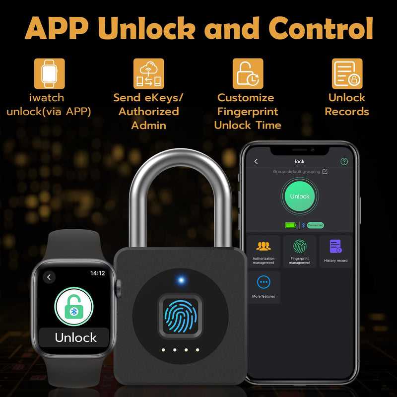 Pothunder Fingerprint Padlock, Fingerprint Lock with APP, Padlock with Keyless Biometric, Smart Padlock Waterproof Suitable for Gym, Locker, Gates, Fence and Storage Black