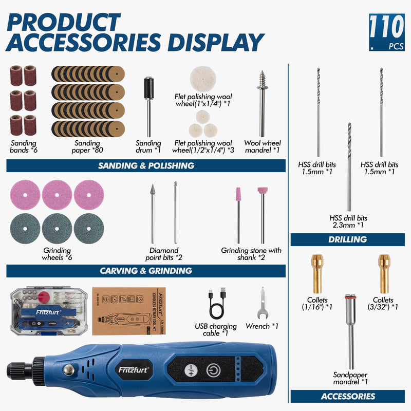 Mini Cordless Rotary Tool 5 Speed and USB Charging Rotary Tool Kit with 110 Accessories, Multi-Purpose 3.7V Power Rotary Tool for Engraving Sanding, Polishing, Drilling, Etching, DIY Crafts 110PCS