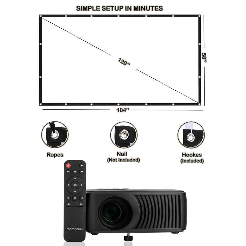 Memorex MX-PJS100 | Bluetooth Projector with 100” Screen | HDMI/USB/AV Inputs | 90 ANSI Lumens, Built-In Speaker, and Wireless Audio Streaming