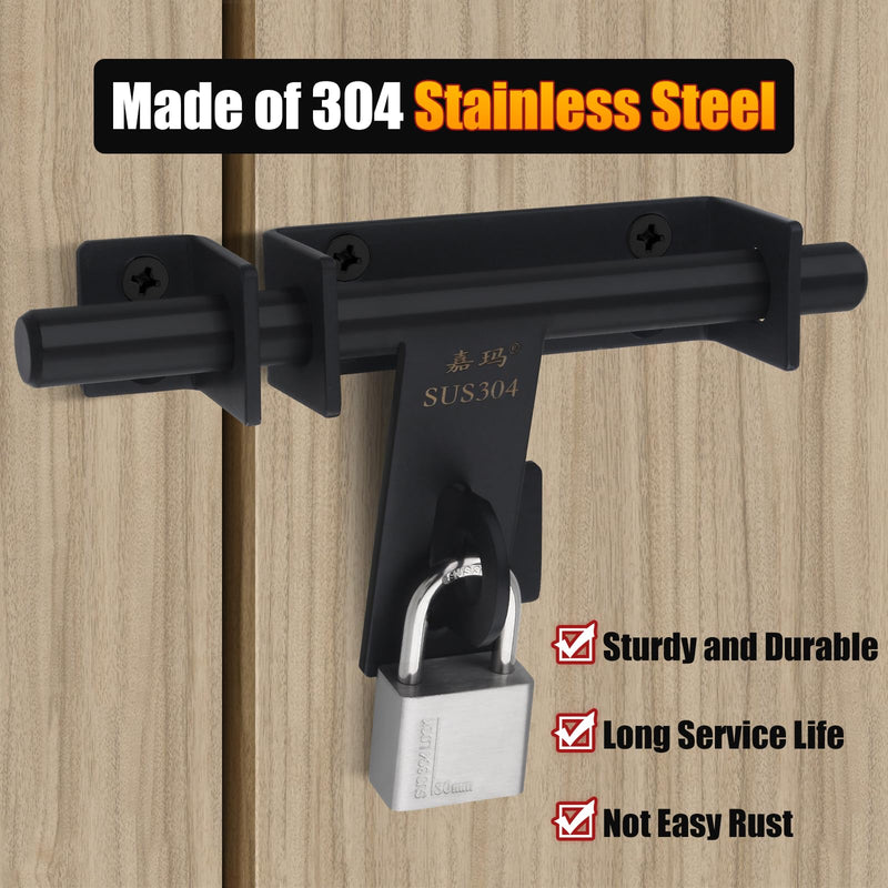 Heavy Duty Barrel Bolts Safety Door Lock, 6.7 Inch Slide Bolt Gate Latch with Padlock Hole,Solid SUS304 Stainless Steel Barrel Bolt Latch for Wooden Fence, Yard Door, Barn Door, Shed Door, Interior Black