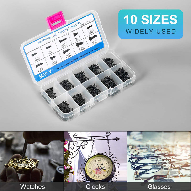 10 Kinds Small Multi-Purpose M1 M1.2 M1.4 M1.7 Phillips Head Micro Screws Self-Tapping Electronic Screws Assortment Kit Pack of 1000 Black
