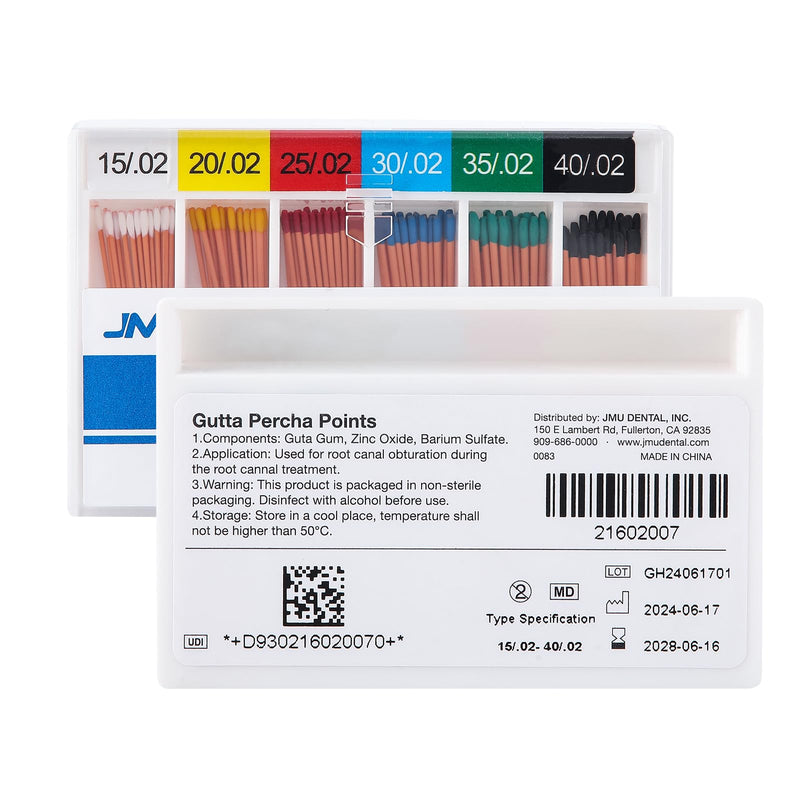 JMU Dental Gutta Percha Points .02 Taper, #15-40 Assorted, Spill-Proof Box, 120pcs