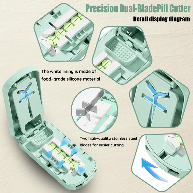 Pill Cutter Splitter - 1/2 1/3 1/4 Tablet Slicer for Tiny Large Pills, Centering Device, Stainless Steel Blade, Pill Crusher for Fine Powder, Portable with Storage Bag, Tweezers & Cleaning Brush