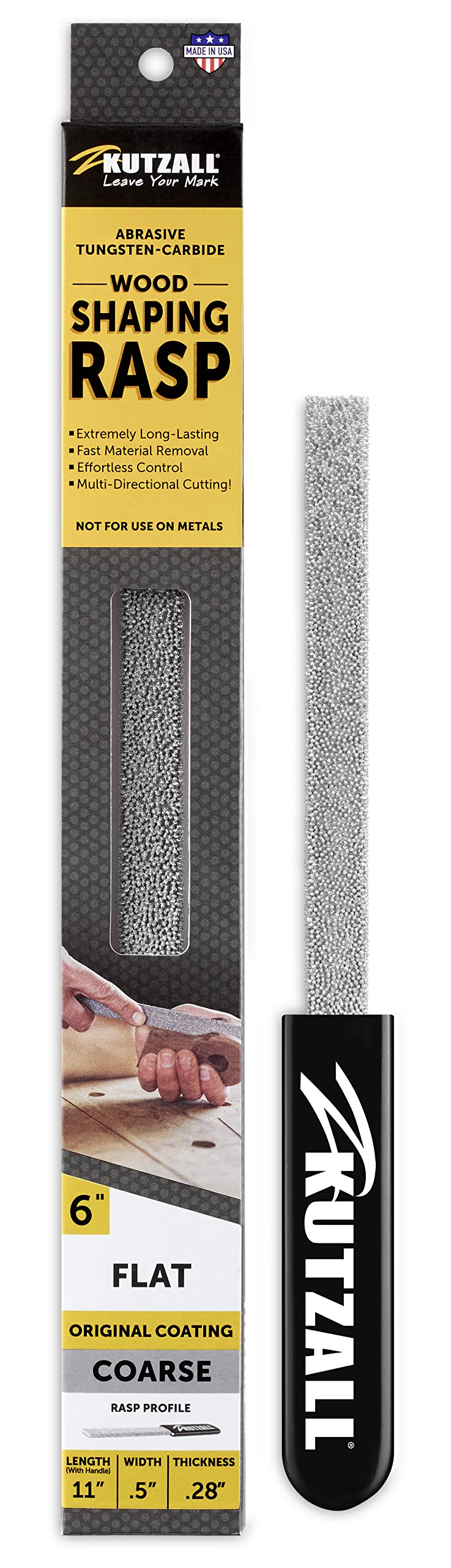 Kutzall Original 6" Flat Hand Rasp - Coarse, Wood Rasp/File Used for Woodworking & Shaping, W/Ergonomic Soft Grip Handle, Abrasive Tungsten Carbide Coating - 11" (279.4mm) Overall Length - FT6330 Flat - Coarse 6" (152.4mm) Length
