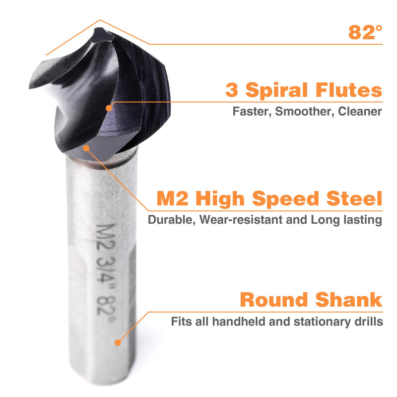 Countersink Drill Bit Set, 5 Pieces M2 High Speed Steel with 82 Degree, 3 Spiral Flutes, Tri-Flat Shank, Cutter Bit Countersink in Size 1/4" 3/8" 1/2" 5/8" 3/4" for Wood, Metal, Plastic... Countersink Set （5 PCS)