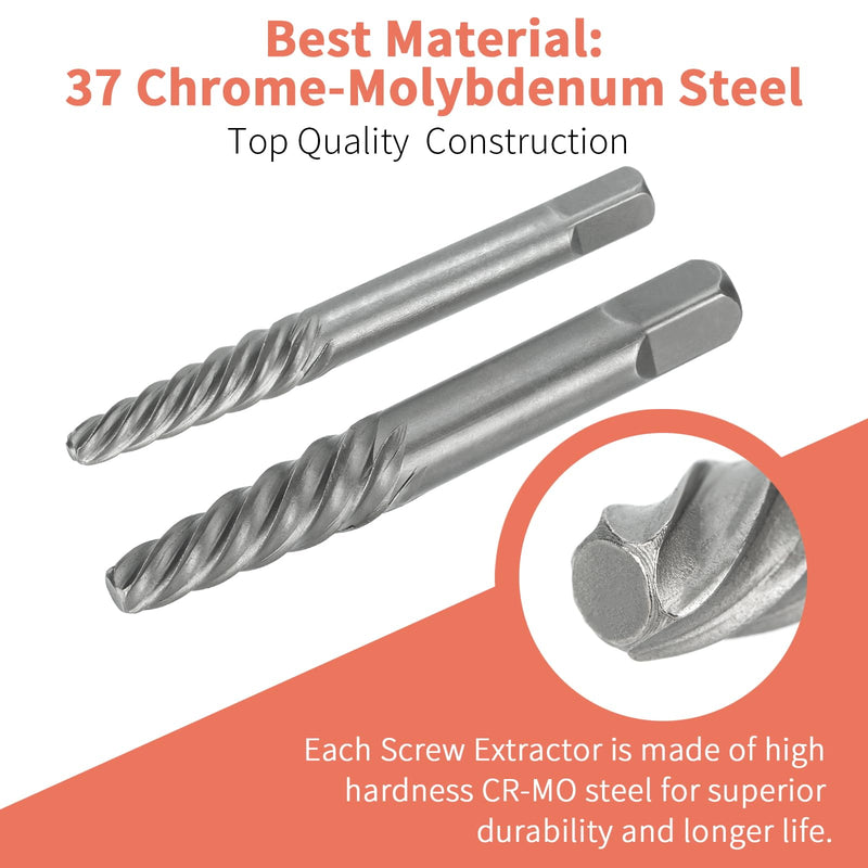 Screw Extractor Set, 37# Cr-Mo & 6542 HSS Steel Cobalt Left-Hand Drill Bit, Easy Out Broken Bolt Remover Reverse, Ez Out Stripped, Rounded-Off, Damaged Bolts, Screws&Studs Removal Tool (10-Pieces) 10-Pieces