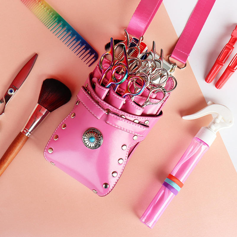 , crossbody and waist dual purpose Scissor Holder Hairdressing Tools Storage Holster Shear PU Leather Pouch with Removable for Hairstylists Groomer Makeup Artists Comb Pink