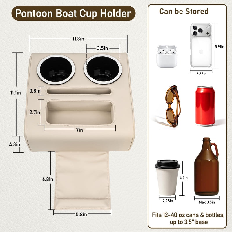 QualyQualy Pontoon Boat Cup Holder, No Drill Double Drink Holder with Side Pocket, Portable Cup Holder Organizer for Boat, RV, Car & Couch, 3.5" ABS No Rust Base Fits 12-40oz Cans & Tumblers, Beige Large-Beige