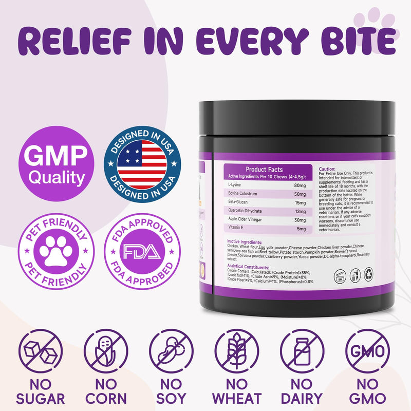 500 Cat Allergy Relief Chews - Itch Relief for Skin Irritation, Paw Licking - Omega 3 & Probiotic for Immune & Skin Coat Support, Natural Supplement for Cats,Chicken