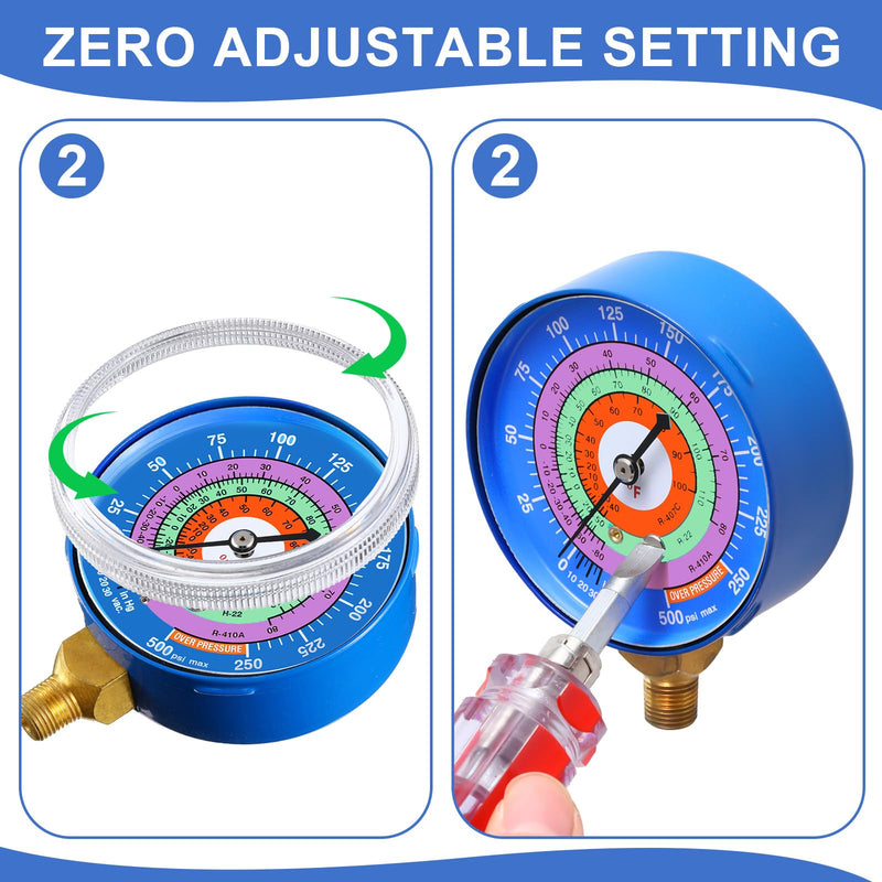 Relaxweex Refrigeration Pressure Gauge with 12'' Hose Kit R22/r404/r-410a 0-800psi 1/8" Npt Lower Mount 30inhg-0-250psi, 250-500psi & 0-800psi Degree F 40345 Blue & 40344 Red Dial (80mm(3-1/8" Dial))