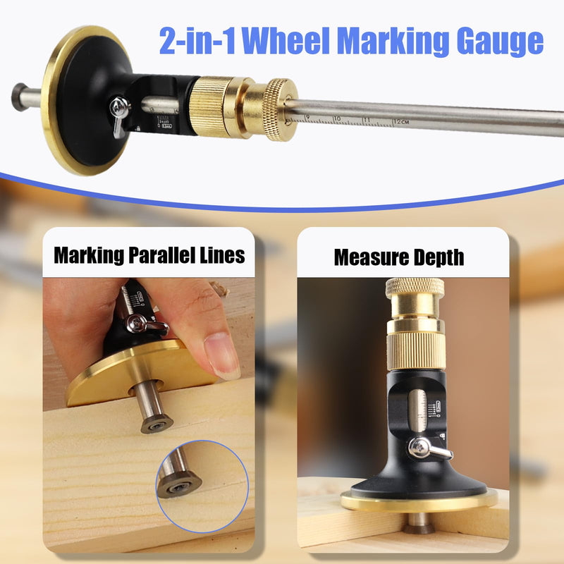 Wheel Marking Gauge, Dovetail Jig Brass Wood Scribe Tool Kit, 2 in 1 Marking Gauge Woodworking, Woodworking Scribe Tool, Scribing Tools for Wood, Dovetail Guide, 2 Extra Cutters & Bolts 1 Count (Pack of 1)