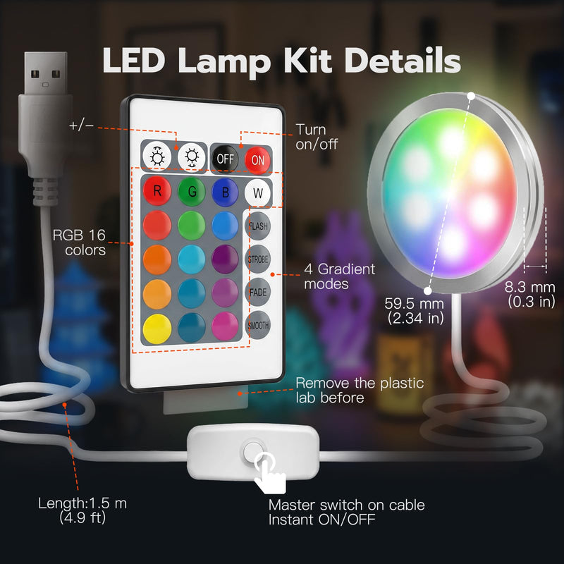 3D Printer LED Lamp Kit 001 with 24-Key Remote Control 16-Colors Changing | 3D Printer Light for Bambu Lab H2D/A1/A1mini/P1S/P1P/X1C, 5V USB Powered Maker's Supply Hardware Kit for MakerWorld（6 Sets） 6