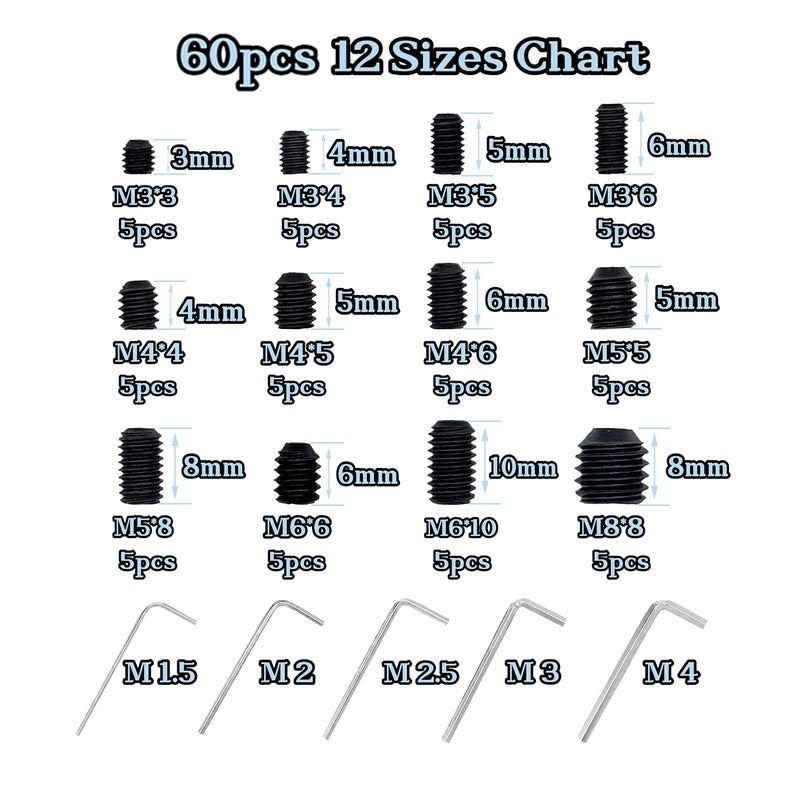 60pcs Set Screws, Set Screws Assortment Kit, Grub Screws M3 M4 M5 M6 M8 for Home Repair, Repair Furniture, Electronic Product, Install Door Lock, DIY, Fixtures, 12 Sizes 60pcs(12 Sizes)