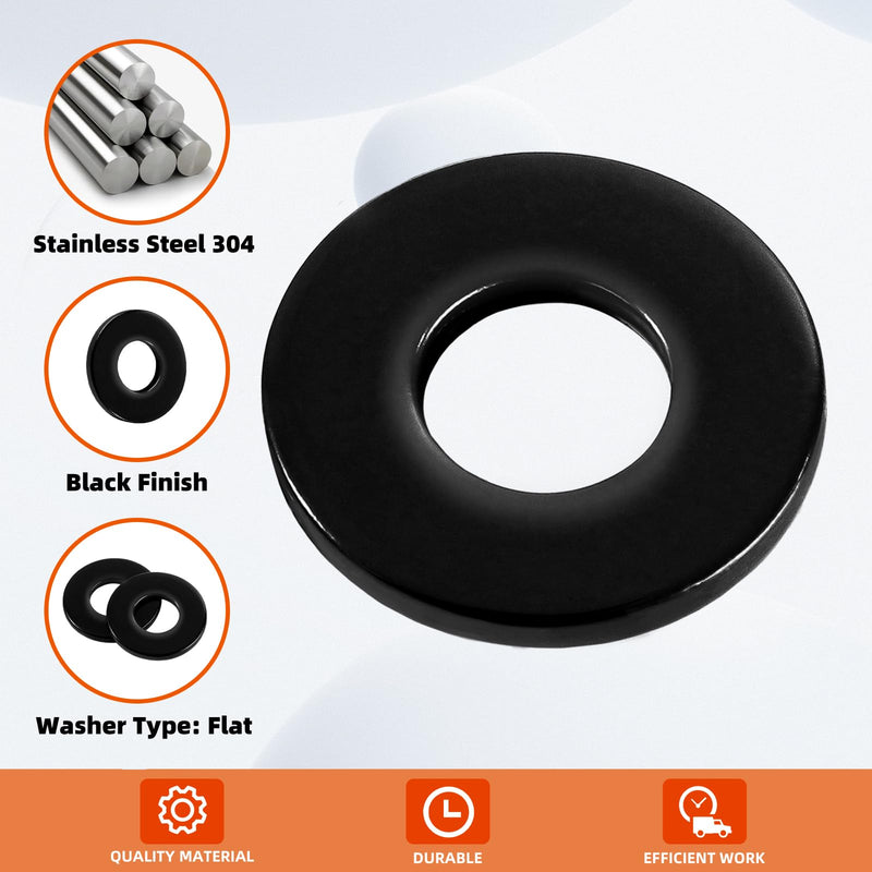 1/4" ID x 3/4" OD Stainless Flat Washers, 0.327" ID x 0.75" OD x 0.06" Thick, Stainless Steel 18-8 (304), Black Finish Metal Washer, 100 PCS 1/4" ID x 3/4" OD