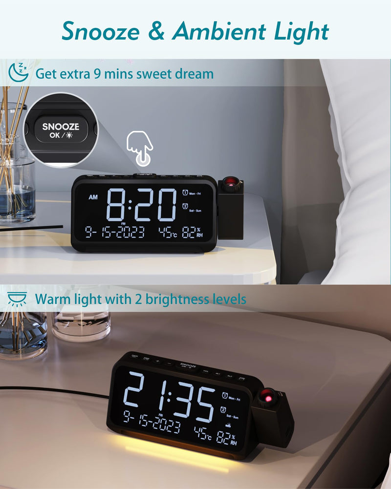 Roxicosly Projection Alarm Clock for Bedroom Ceiling, 118 dB Super Loud for Heavy Sleepers, Dual Alarm with Weekday/Weekend, Adjustable Volume, 6.7" Large Digital Dimmable Display, Easy to Read White Digit+red Projection