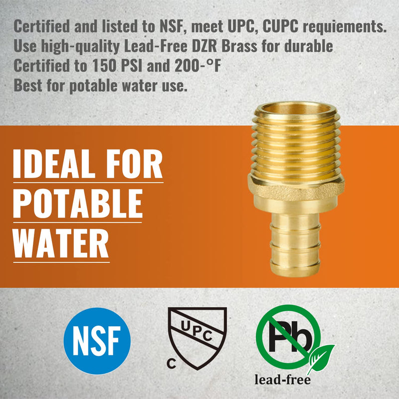 SUNGATOR Pex Fittings 1/2 Inch, 10-Pack 1/2" Pex Male Adapter, 1/2" NPT to 1/2" PEX, No Lead Brass, 1/2 Inch Pex Fittings For Pex Pipe, NSF, UPC Certified 1/2", 10 Pack