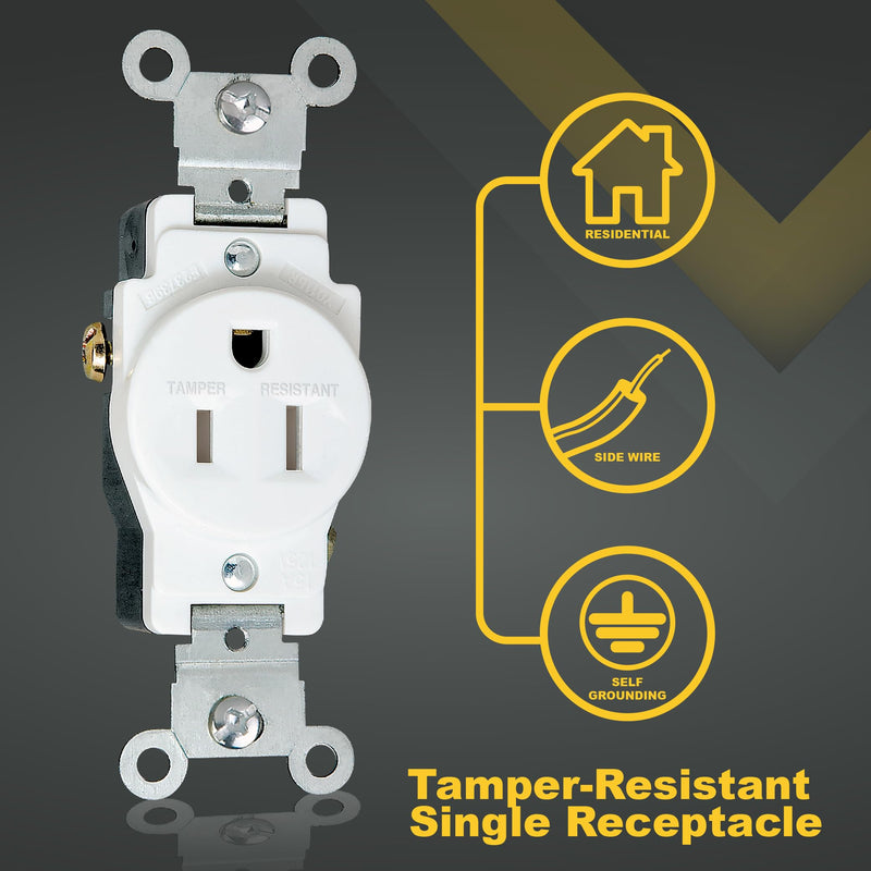 Faith 15A/125V Commercial-Grade 3-Prong Tamper-Resistant Single Receptacle Outlet White TR115R-WH, Commercial-Grade Electrical Outlet, 2-Pole Power Outlet, 15-Amp Outlet with Side Wiring Installation
