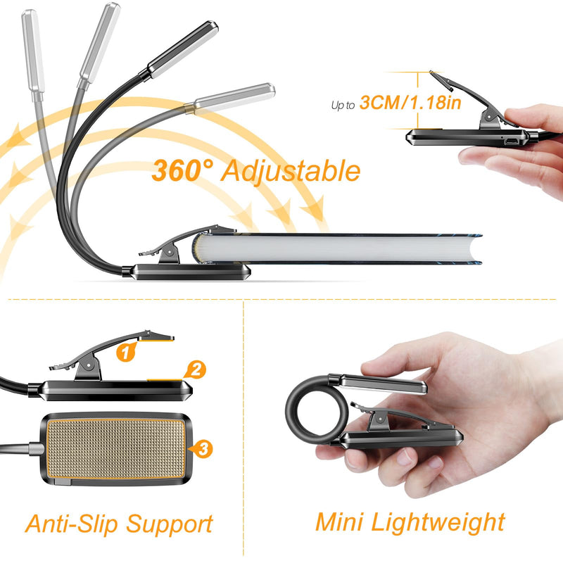 Gritin 9 LED Rechargeable Book Light for Reading in Bed - Eye Caring 3 Color Temperatures,Stepless Dimming Brightness,80 Hrs Runtime Small Lightweight Clip On Book Reading Light for Studying Black
