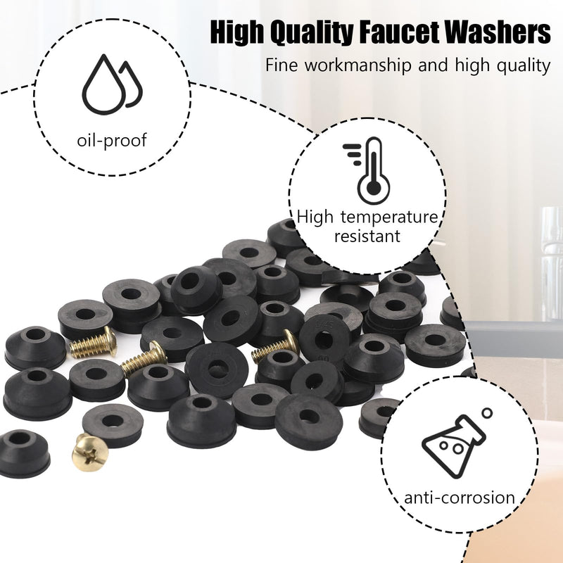 58 Pcs Rubber Washers for Outdoor Faucet Repairing, Assorted Flat and Beveled Faucet Washers Hose Repair Kit with Brass Bib Screws Water Hose Gasket Rings for Garden Faucet Stem Leak Worn Replacement