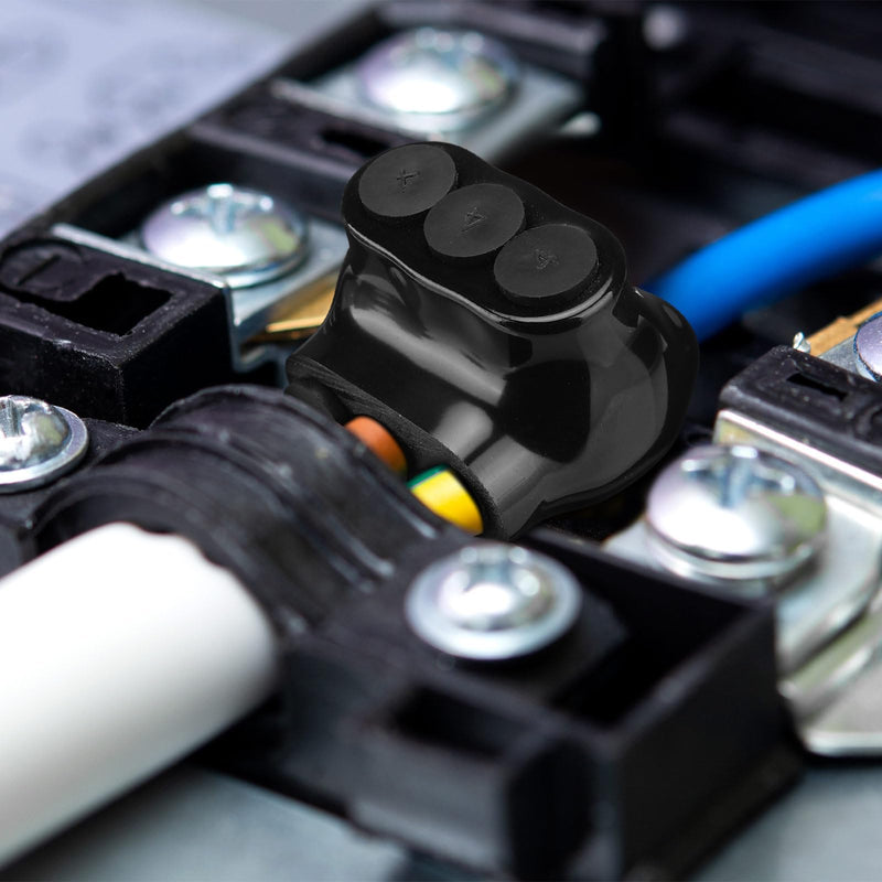 Kanayu 5 Pcs Black Insulated Multi Cable Connector, 3 Ports Electric Wire Connectors and Soldering Lugs, Single Side Entry Cable Splicers, with Oxide Inhibitor (14-4AWG Range,1.57" x 1.26") 14-4AWG Range, 1.57" x 1.26"